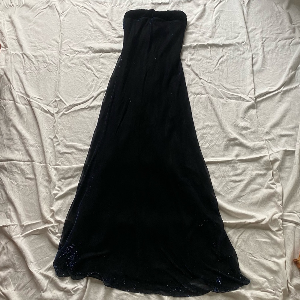 vintage 90s strapless prom dress with shimmer mesh overlay